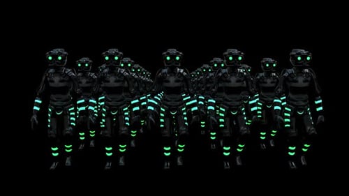 Futuristic Robot Army Marching with Neon Glow Loop