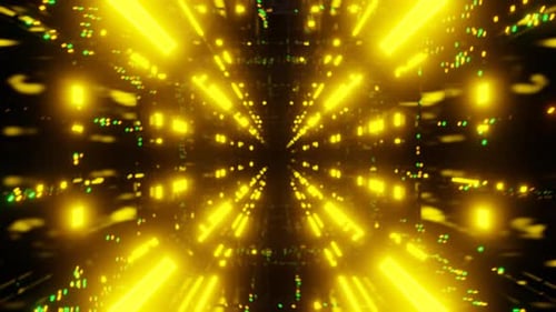 Motion Graphic Flying Into Digital Technologic Square Shaped Strobe Neon Tunnel