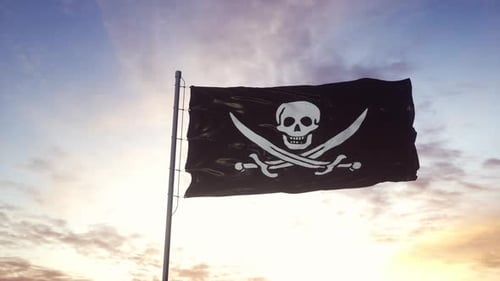 Bandera pirata realista ondeando en el viento contra un cielo profundo y Dramático