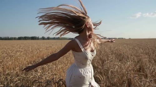 Carefree Woman Running Through Golden Wheat Field