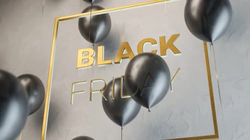 Golden Black Friday Text with Floating Balloons