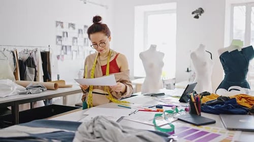 Zoom in Shot of Positive Woman Fashion Designer Working with New Sketches at Tailor Workshop