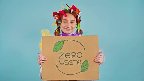 Menina segurando um cartaz de papelão com a inscrição zero waste.
