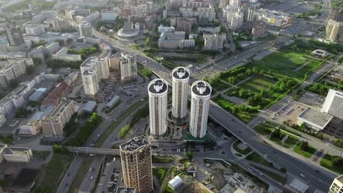 Modern Architecture of a Big City. Aerial View, The Intersection of Two City Highways, Sunny Day in