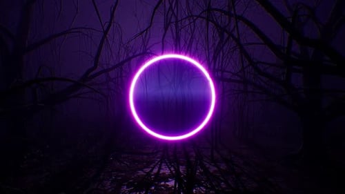 Glowing Purple Neon Circle Light in the Dark Forest