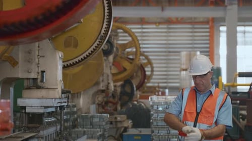 Engineer worker man putting gloves on his hand while working with metal sheet stamping machine