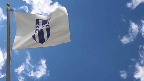 Realistic White Flag with Blue Corporate Crest Waving in Blue Sky