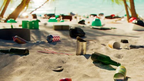 Extremely littered beach. Rubbish. Garbage. Waste. A lot of trash on the sand.