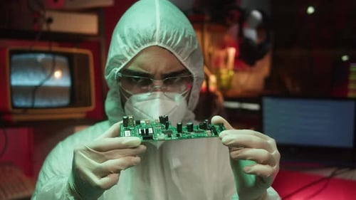 Adult Inspecting a Computer Circuit Board Wearing Protective Gear