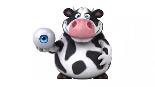 Animated 3D Cartoon Cow Character Holding Eyeball with Expressive Gesture