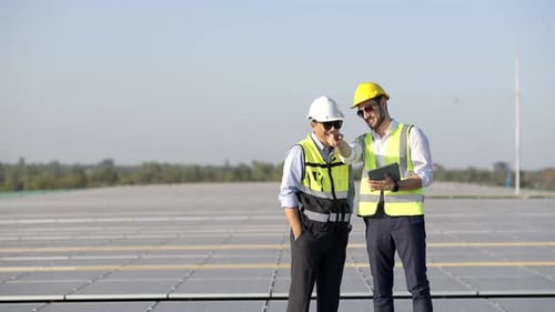 4K Professional engineer using tablet maintaining solar cell panels together on building rooftop.