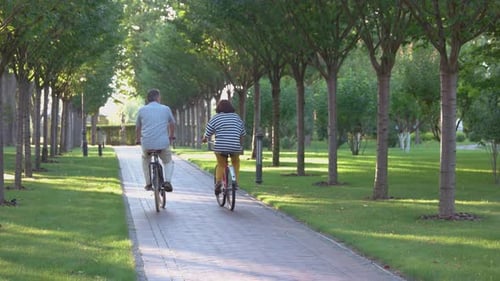 Back View of Mature Couple Cycling at Park