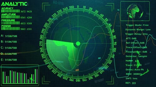 Futuristic HUD Radar Scan with World Map and Digital Data Display