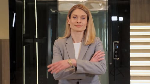 Happy Blonde Professional Lady Pretty Face Crossing Arms Close Up Portrait