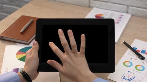 Business Italian Application Against Flag on Tablet in Female Hands, Tutorial