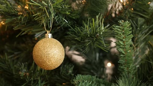 Glitering bauble hanged on the branch 4K 2160p 30fps UltraHD footage - Golden color ornament on Chr