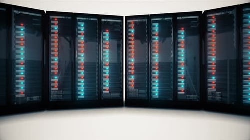 Data Center Server Racks with Blinking Red and Blue Lights
