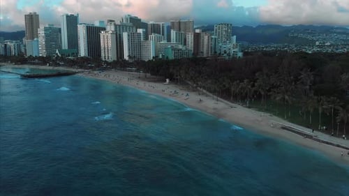 Aerial drone footage of Honolulu, Hawaii.
Beautiful real estate, buildings in the city.
Palm trees