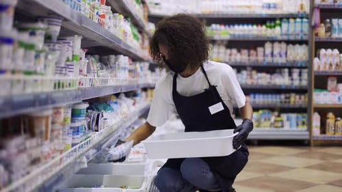 Female Worker Arranging Products on Shelves in Milk Department in Supermarket