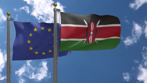 European Union and Kenyan Flags Waving Together Against Blue Sky