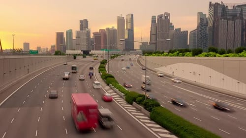 Skyscrapers and Traffic on a Multi-Lane Highway