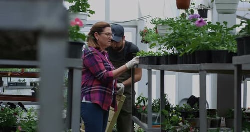 Couple tending plants in vibrant greenhouse