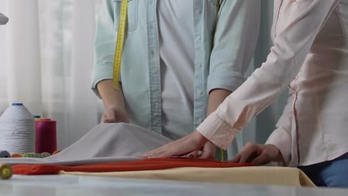 Talented Atelier Workers Choosing Fabric for Making Uniform, Tailoring Process