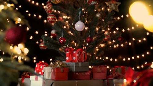Decorated Christmas Tree with Gifts and Lights