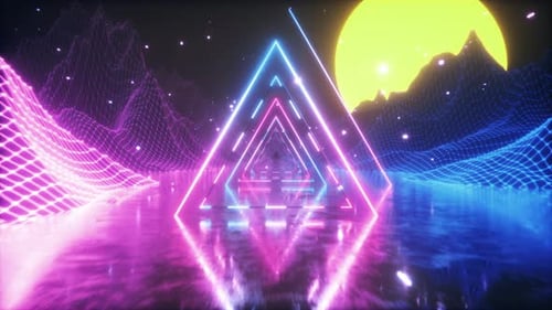 Neon Glowing Triangles Loop with Futuristic Grid Landscape