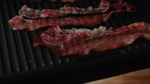 Close Up Bacon Grilling for Hamburger Snack