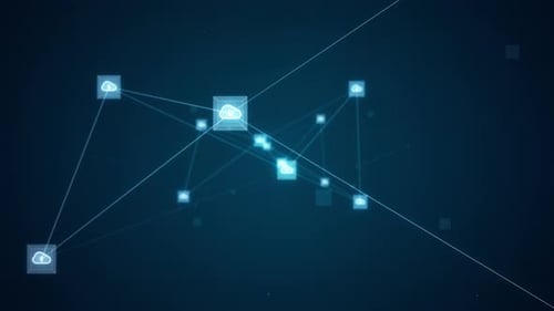 Blaues Cloud-Computing-Symbol und futuristischer Würfel mit Netzwerkverbindung, abstrakter Meta-Vers-Hintergrund