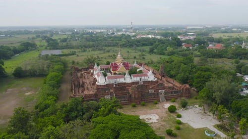 Aerial view of Wat Prasat Nakhon Luang or Nakhon Luang Palace Temple in Ayutthaya Province