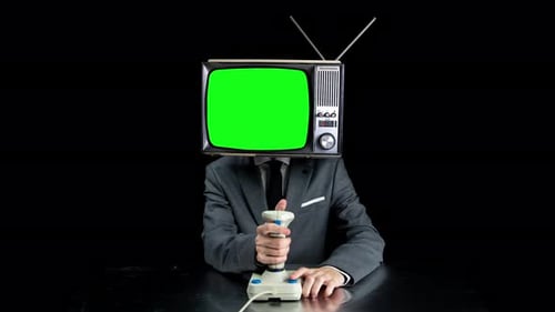 Television Head Plays Video Game with Joystick