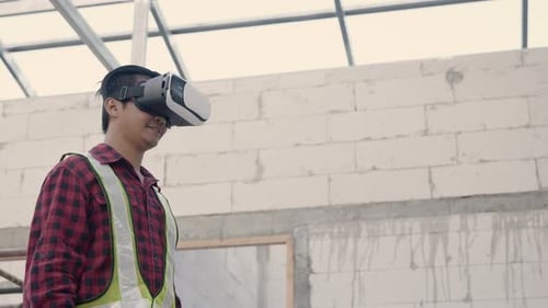Man Using VR Headset at Construction Site