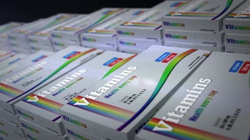 Animated Production Line of Vitamin Boxes for Health and Wellness