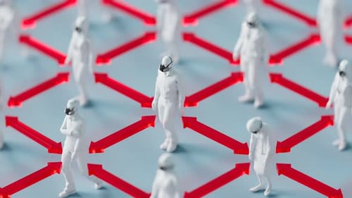 Social distancing. Arrows between men show a safe distance. COVID protection.