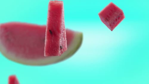 Dynamic Watermelon Pieces Floating and Rotating on Bright Background