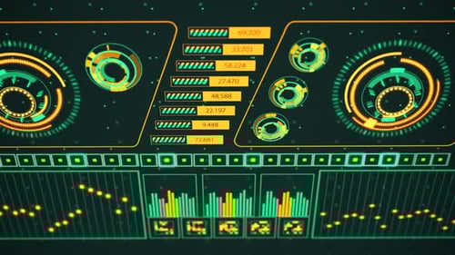 Advanced futuristic graphic interface. Displays abstract diagrams and charts.