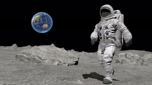 Astronaut Walking on Moon Surface with Earth in Background
