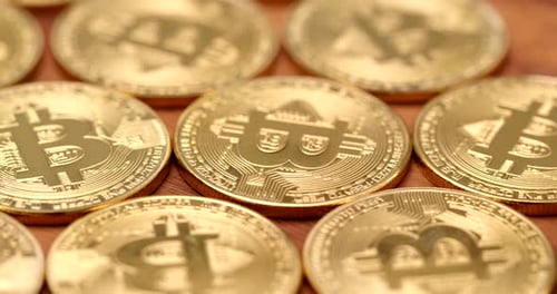 Golden Bitcoins Close Up View