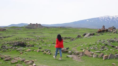 Female Toursit Walk Aorund Ani Ruins