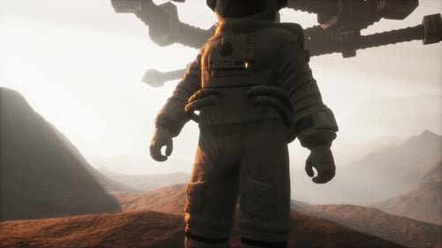 Astronaut Stands on Alien Planet Under Futuristic Space Station