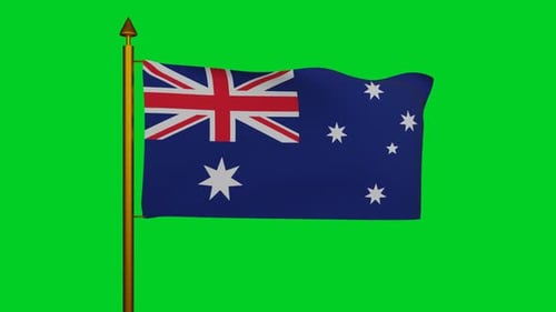 Australia National Flag Waving on Flagpole Green Screen