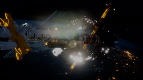 Futuristic Spaceship Docking at Space Station Orbiting Earth at Night