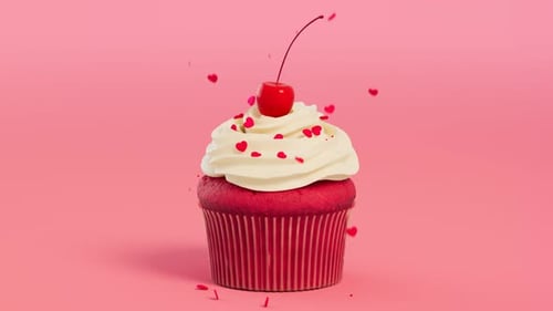 Sweet Animated Cupcake with Falling Red Heart Sprinkles