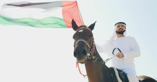 Man Rides Horse Holding Flag in Desert