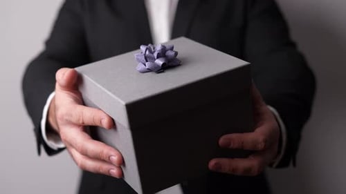 Person Holding Gray Gift Box with Purple Bow