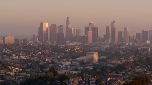Residential houses and city skyline at sunset
