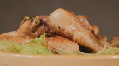 Dish Fried Chicken Legs Green Lettuce Rotates Slowly