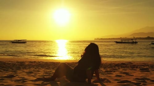 Girl relaxing on luxury sea view beach wildlife by blue ocean and white sandy background of the Mald